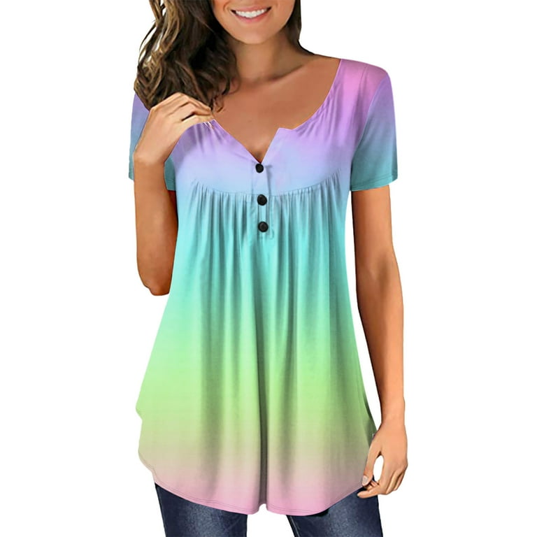2024 Summer Tops for Women Fashion Hide Belly Fat T Shirts Fashion Short  Sleeve Blouses Casual Half Button Up Tunic 