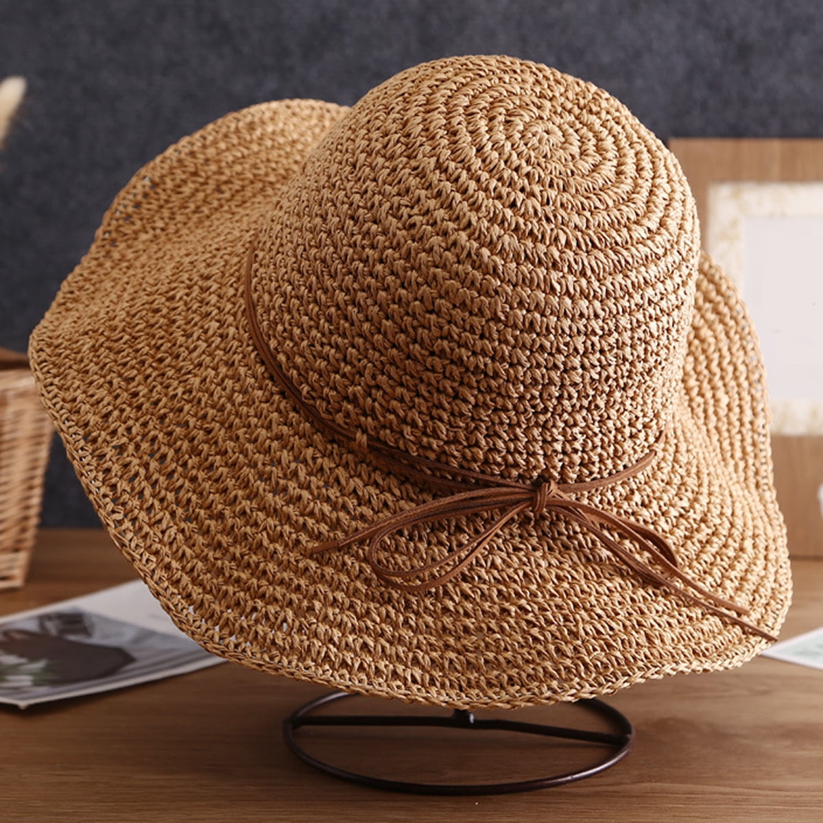 Eqwljwe Womens Fashion Large Hat Wide Brim Sun Hat Beach Anti-UV Sun Protection Foldable Stage Cap Cover Body Straw Hat Foldable Straw Cap Cover