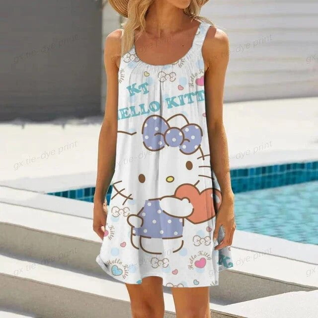 2023 Summer Women‘s Hello Kitty Print Mini Dress Sexy V-Neck Spaghetti ...