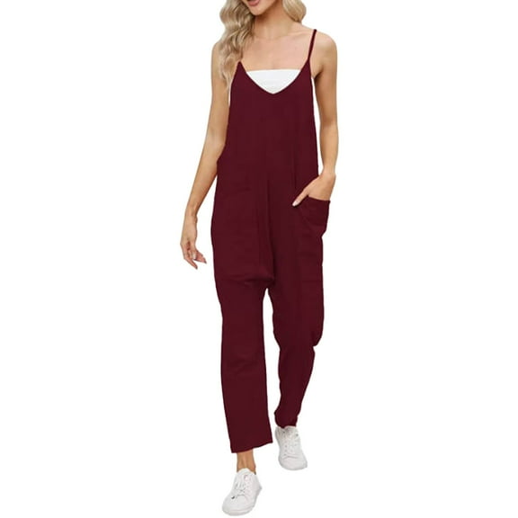 2023 Summer Women's Loose Jumpsuit Large Pocket, Suspenders, Polyester, European & American Style, Sizes S XXL, for Parties & Daily Wear