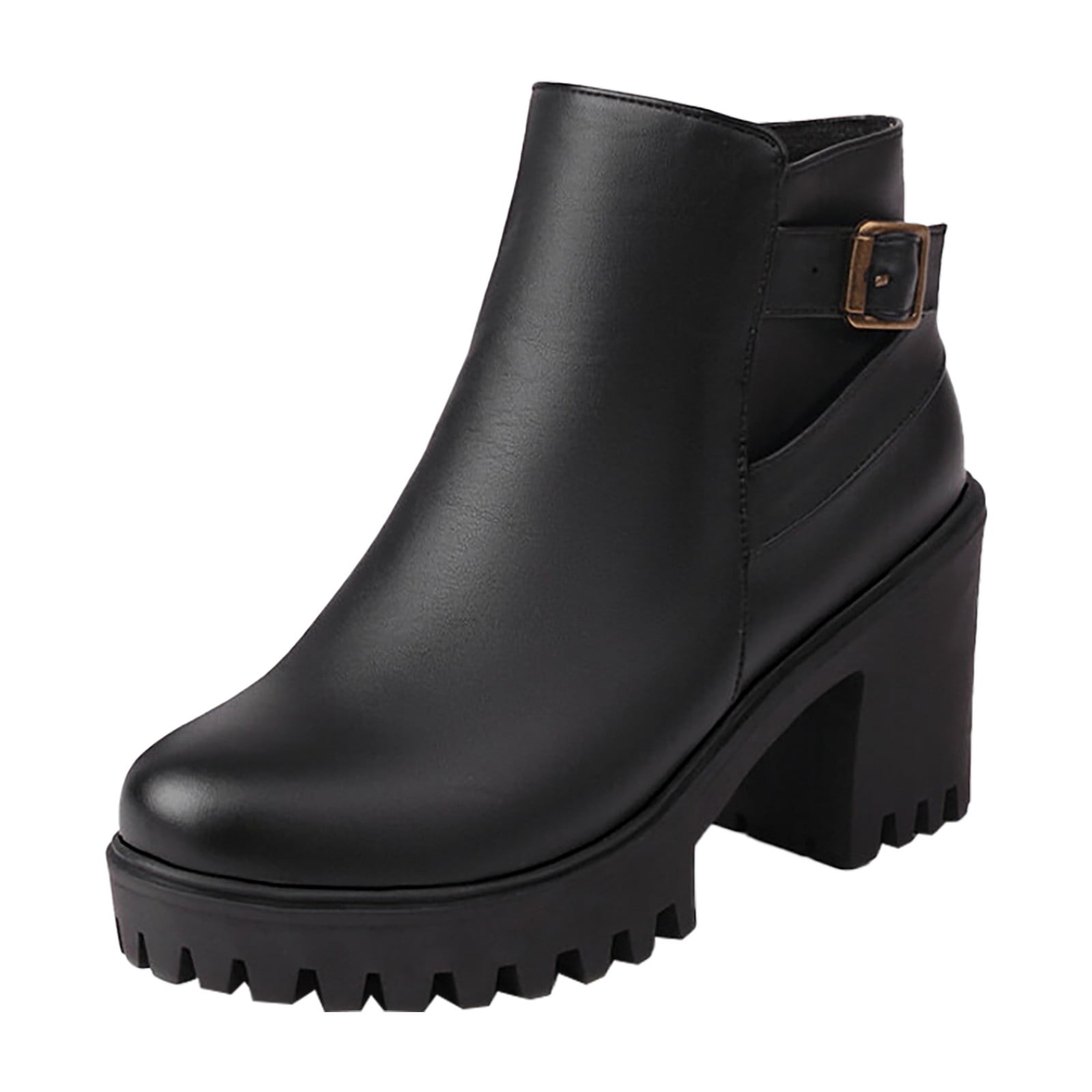 2023 Thick Heel Women's High Heel Short Boots Solid Color Belt Buckle