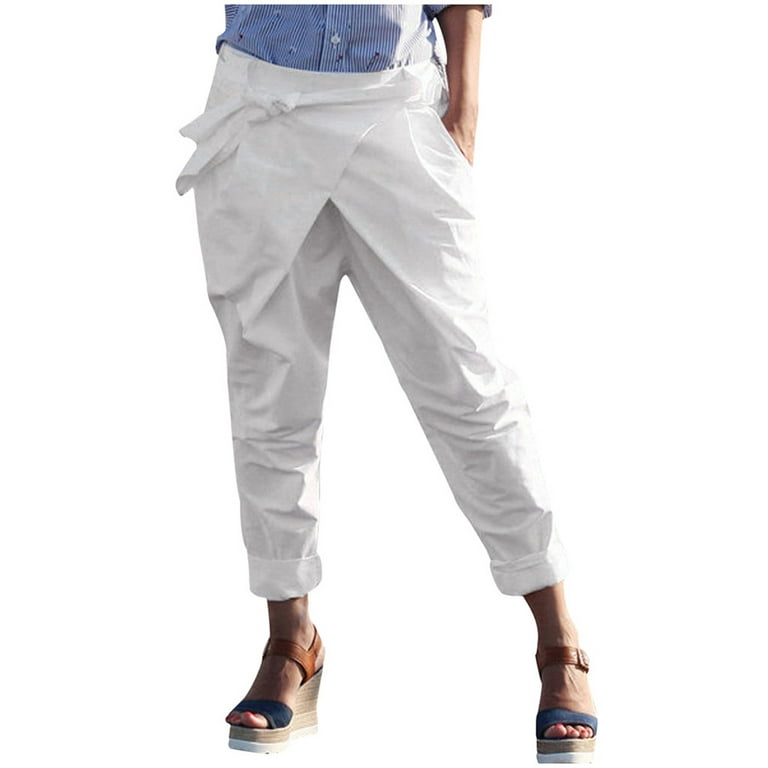 2024 Tie Waist Tapered Pants for Women Solid Color Slim-Fit Cross Pleated  Capri Pant with Pockets Winter Folded Hem Casual Trousers