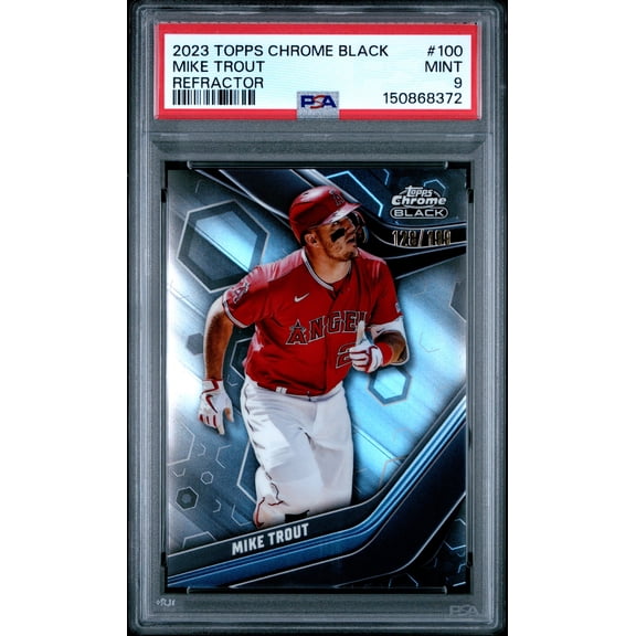 Graded 2023 Topps Chrome Black Refractor #100 Mike Trout Baseball Card PSA 9 128/199