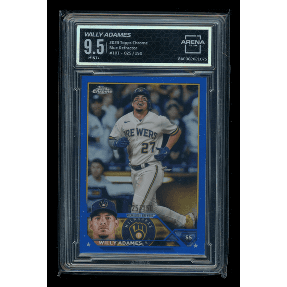 Graded 2023 Topps Chrome Blue Refractor Willy Adames Brewers #101 /150 Arena Club 9.5 Baseball Card