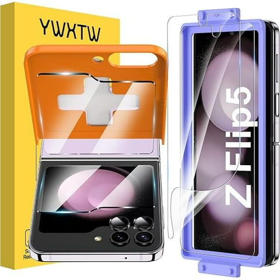 [ 2023 Upgraded Alignment Tool for Samsung Galaxy Z Flip 5 Screen Protector, 2 Pack Inner Soft EPU + 2 Pack Front Tempered Glass + 2 PCS Metal Camera Lens Protector, Case Friendly