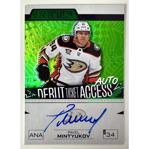 2023 Upper Deck Credentials Debut Ticket Access Auto Pavel Mintyukov Green /25 Rookie