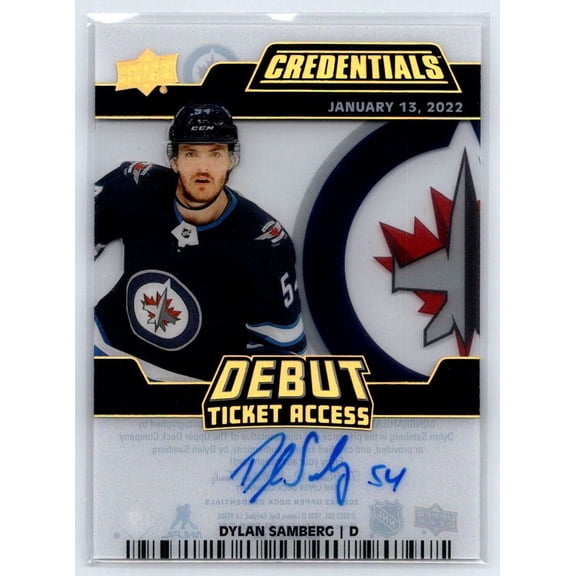 2023 Upper Deck Credentials Debut Ticket Access Dylan Samberg Clear Cut 63/99 Auto Rookie Winnipeg Jets NHL Autographed Ice Hockey Trading Card