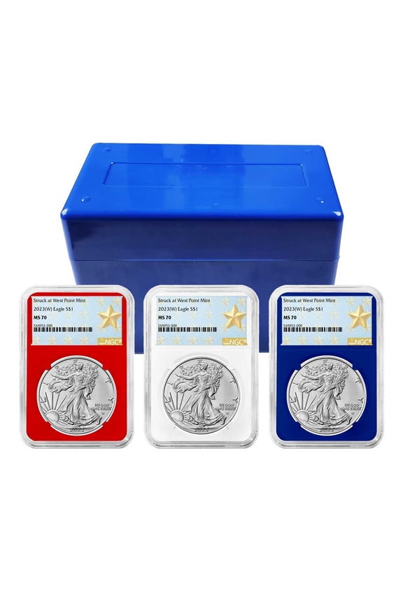 2023 (W) $1 American Silver Eagle 3pc Set NGC MS70 West Point Star Label Red White Blue