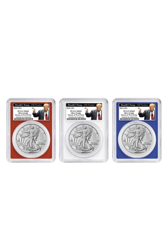 2023 (W) $1 American Silver Eagle 3pc Set PCGS MS69 Trump 45th Label Red White Blue