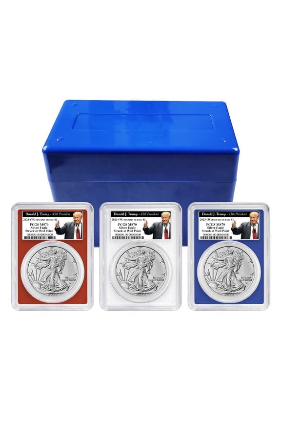 2023 (W) $1 American Silver Eagle 3pc Set PCGS MS70 FDOI Trump 45th Label Red White Blue