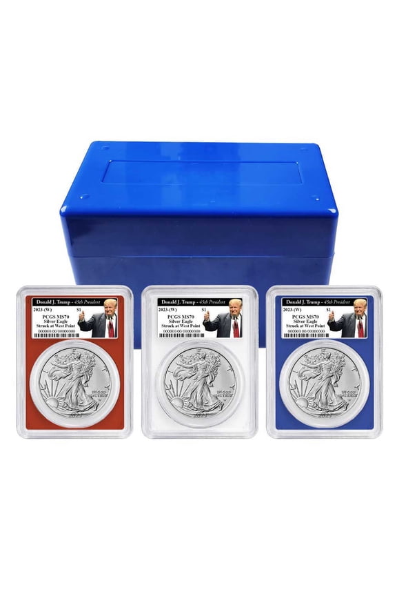 2023 (W) $1 American Silver Eagle 3pc Set PCGS MS70 Trump 45th Label Red White Blue