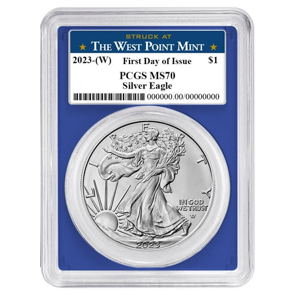 2023 (W) $1 American Silver Eagle PCGS MS70 FDOI West Point Label Blue Frame