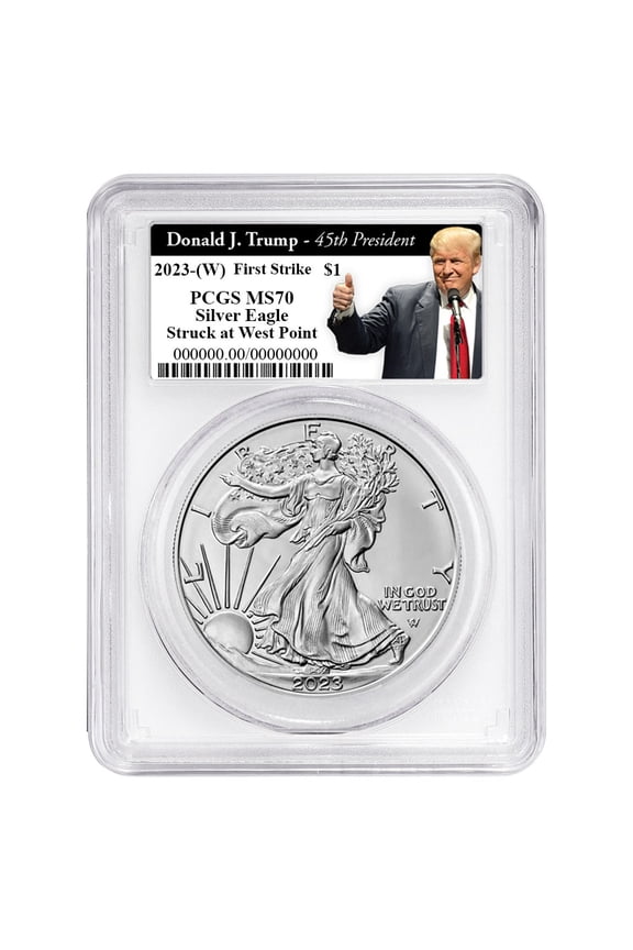 2023 (W) $1 American Silver Eagle PCGS MS70 FS Trump 45th President Label White Frame