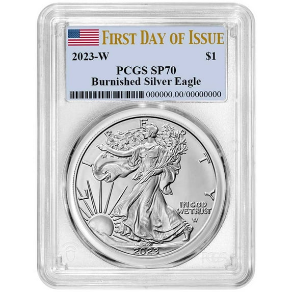2023-W Burnished $1 American Silver Eagle PCGS SP70 FDOI Flag Label
