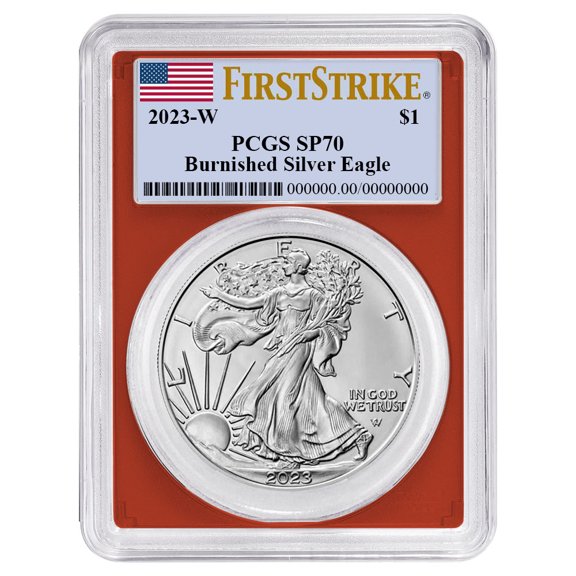 2023-W Burnished $1 American Silver Eagle PCGS SP70 FS Flag Label Red Frame