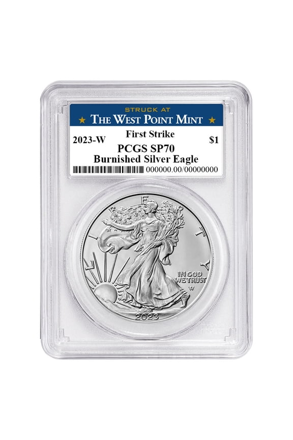 2023-W Burnished $1 American Silver Eagle PCGS SP70 FS West Point Label