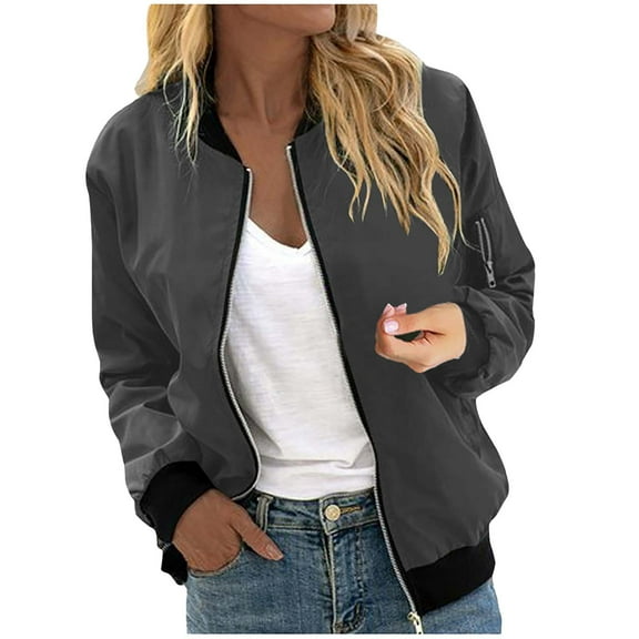 2023 Winter Womens Bomber Coat Casual Coat for Women Fall Lightweight Long Sleeve Solid Bomber Jacket Open Front Zipper up Ladies Girl Trendy Outwear Top with Pocket Up to 65% off