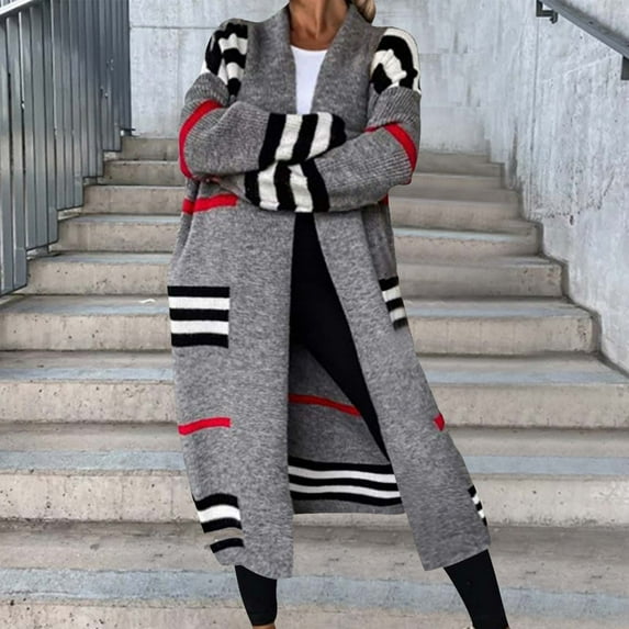 2023 Winter Womens Sweater Coat Sweater Cardigan for Women Fashion Striped Print Loose Long Coat Fall Open Front Long Sleeve Soft Knit Sweater Outerwear with Pocket Up to 65% off