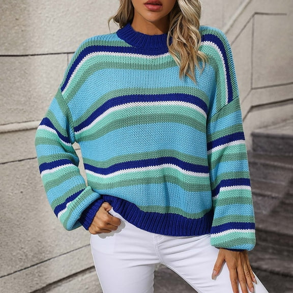 2024 Women Round Neck Sweater Winter Puff Sleeve Knit Tops Loose-Fit Colorful Stripe Casual Pullover