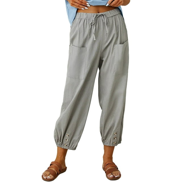 2023 Women'S High Waist Cotton Linen Pants Drawstring Capri Pants With ...