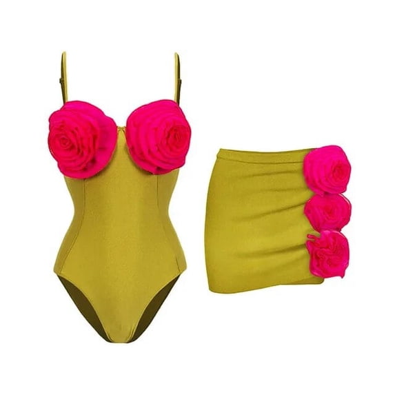 2023 Women Swimwear Sexy Lacing Up Color Block 3D Flower One Piece Swimsuit and Skirt Bikini Sets Beachwear Bathing Suit