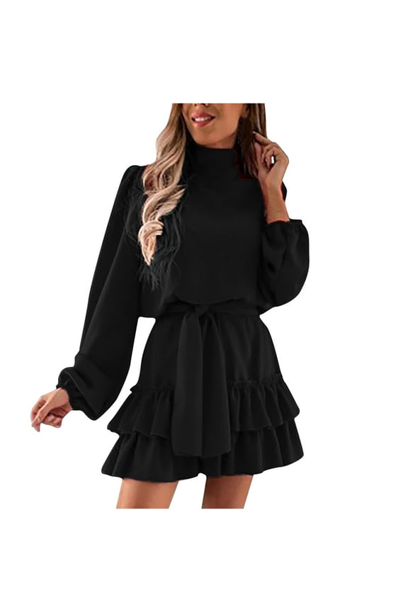 2023 Women's Elegant Ruffled Dress Mock Neck Belted Puff Long Sleeve A Line New Years Eve Dresses for Women Party