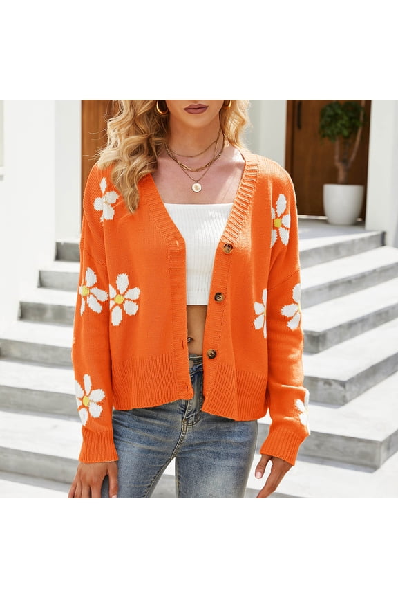 2023 Women's Floral Print Knit Cardigan Sweater Long Sleeve V Neck Button Down Sweater Vintage Aesthetic 90s Outerwear Tops