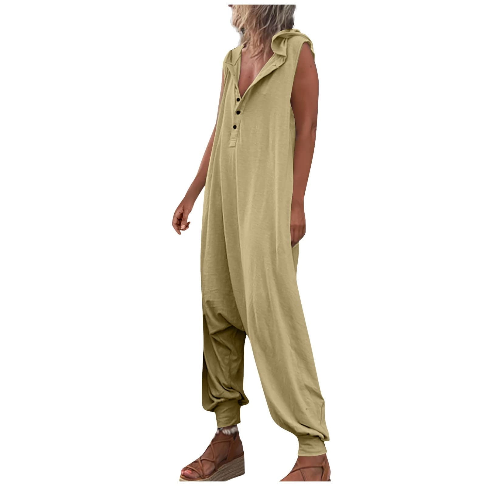 2023 Women's Loose Casual Sleeveless Jumpsuit Button Up Hoodied Jumpsuits  Stretchy Wide Leg Rompers with Pockets