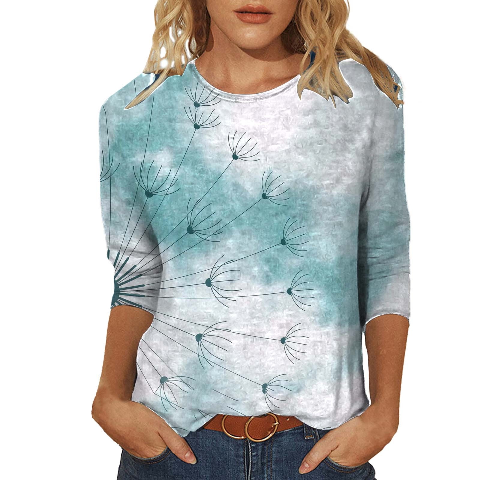 2024 Women's Round Neck Tie-Dye T-Shirt 3/4 Sleeves Marble Print Tops ...