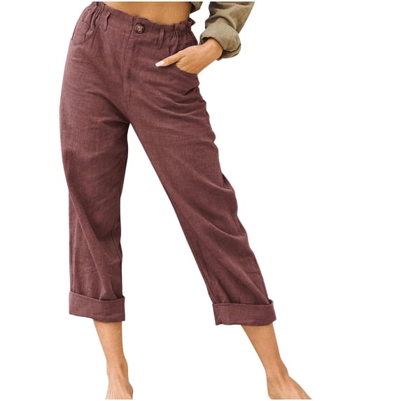 2023 Women's Straight Leg Pants for Women Solid Color Buckle Casual Pants Loose Cotton Linen Trousers with Pockets