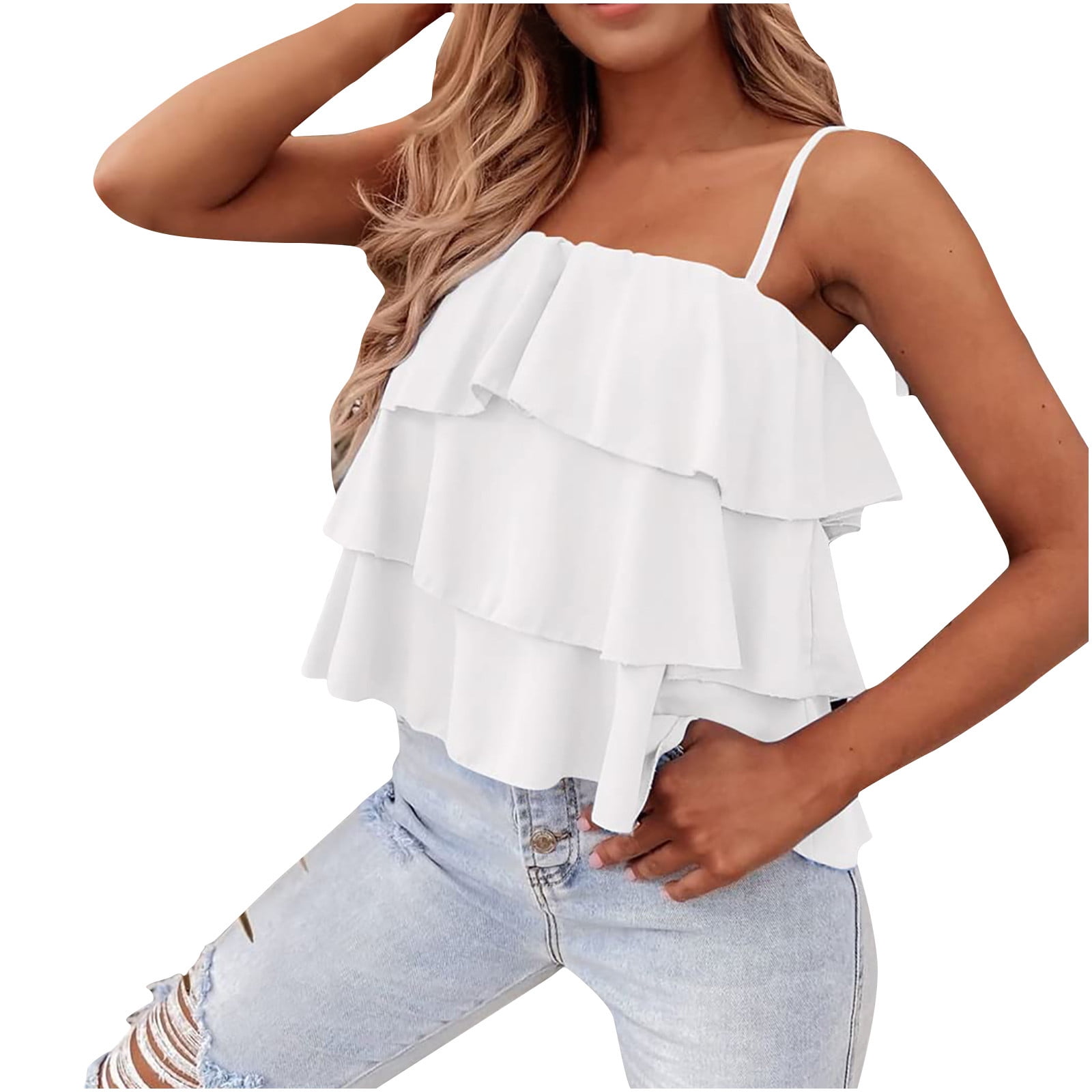 Tiers to Summer White Tie-Strap Tiered Tank Top  Shoulder tops outfit,  White flowy top, Tank tops