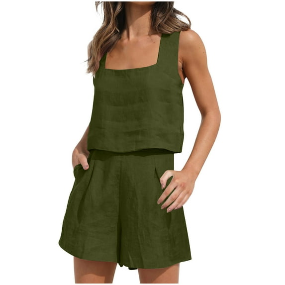 2023 Womens 2 Piece Outfits Square Neck Linen Crop Tank Top Short Set Lounge Matching Sets Summer Casual Beach Sets