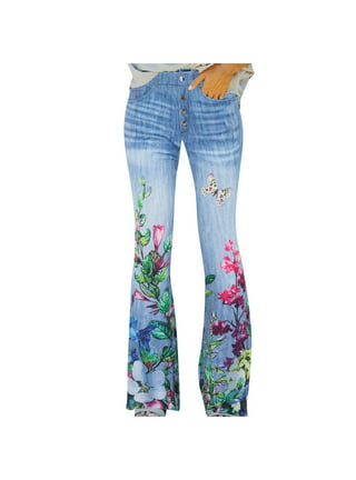 Denim Capri Leggings Floral Print High Waisted Jeans Plus Size