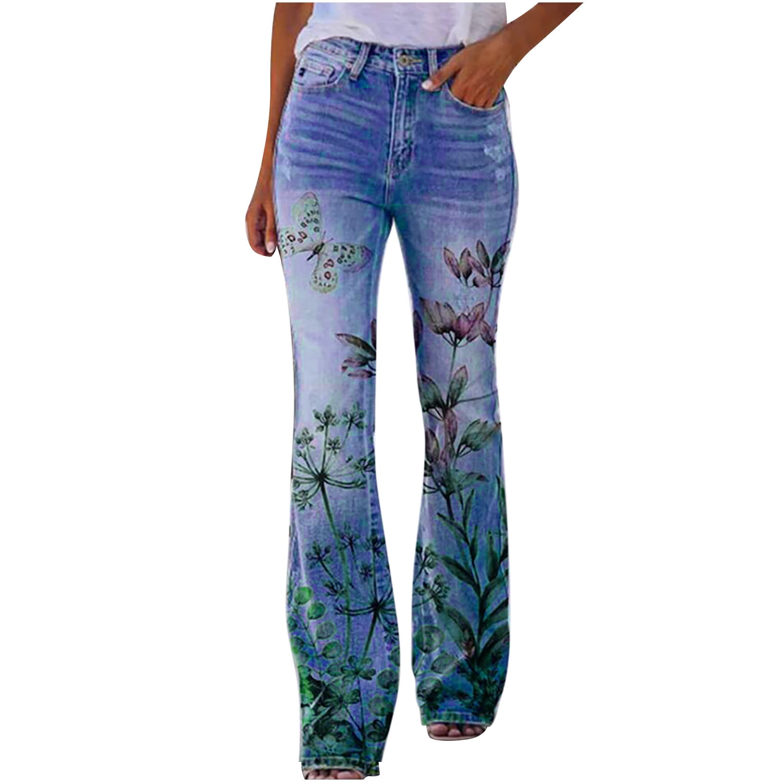 2023 Womens Bell Bottom Stretchy Jeans Floral Printed High Waist Flare Jean  Denim Skinny Pants Bootcut Trousers 