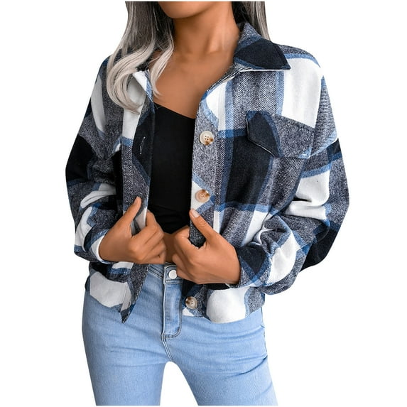 2023 Womens Casual Plaid Shacket Wool Blend Button Down Long Sleeve Shirt Crop Tops Jacket Shirts Coats