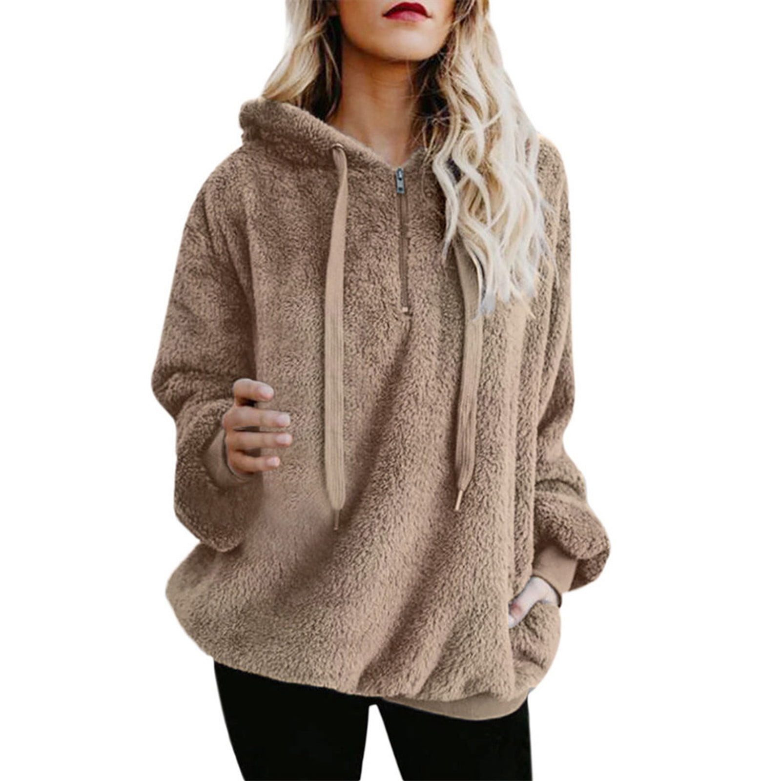2023 Womens Oversized Sherpa Pullover Hoodie with Pockets Fuzzy Fleece Sweatshirt Solid color Fluffy Coat Walmart