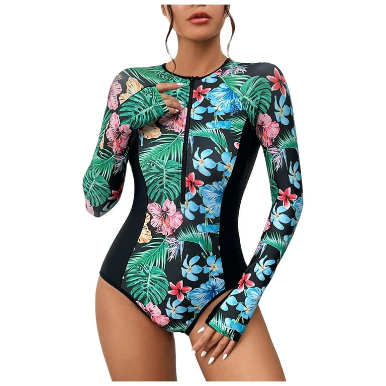 2023 Womens Rash Guard Swimsuit Long Sleeve Sun Protection Printed Zipper  Surfing One Piece Bathing Suit 