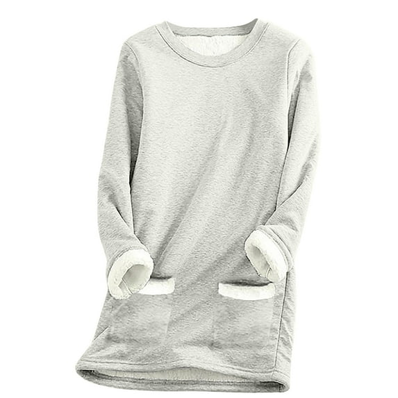 2023 Womens Sherpa Fleece Lined Pullover Solid Color Winter Warm Crewneck Sweatshirt Cute Base Layer Thermal Tops Underwear Plus Size