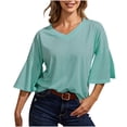 thumbnail image 1 of 2023 Womens Summer 3/4 Bell Sleeve V Neck Tops Casual Solid Tops and Blouses Loose Lightweight Shirts Tunic S-XXL, 1 of 5