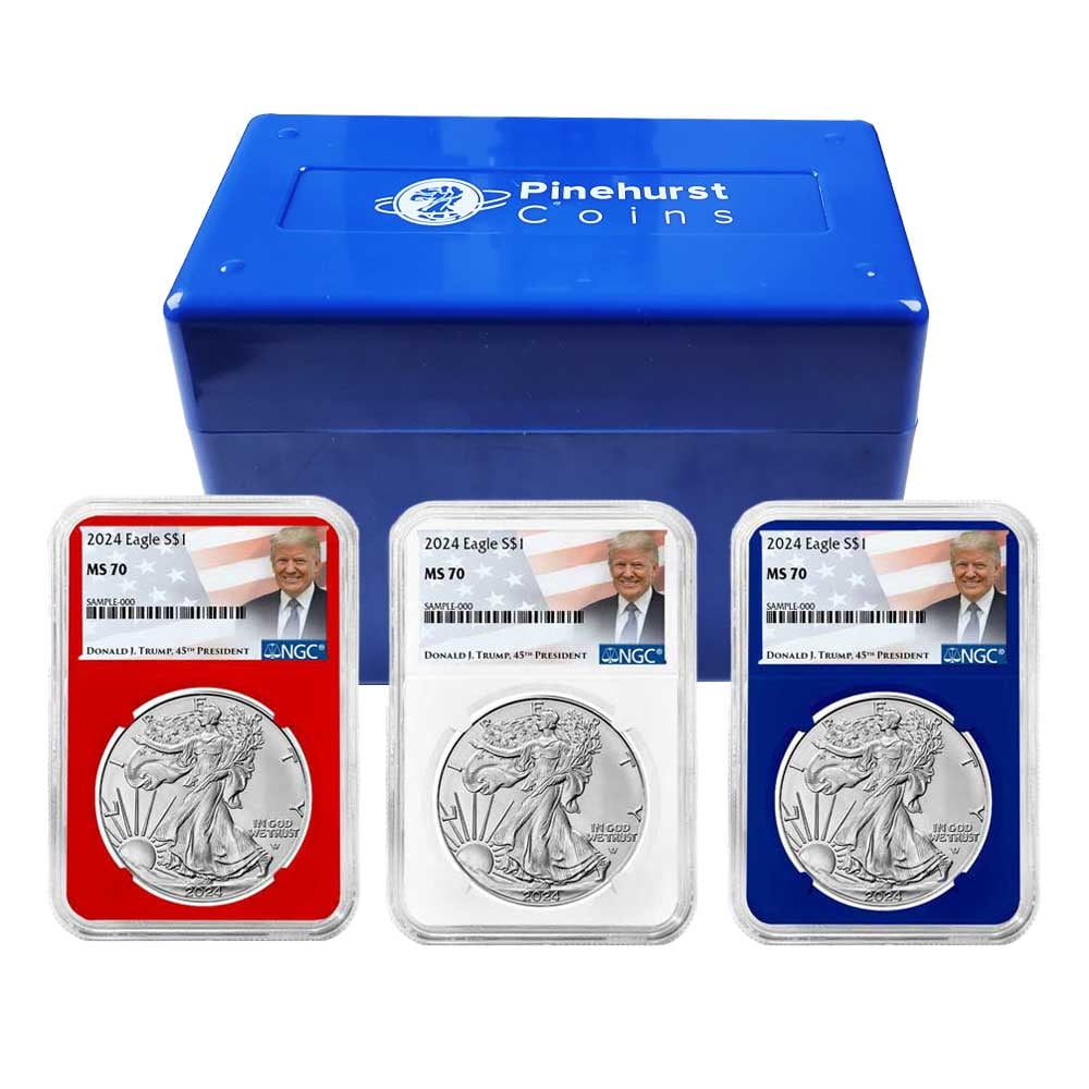 2024 1 American Silver Eagle 3pc Set NGC MS70 Trump Label Red White