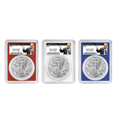 2024 $1 American Silver Eagle 3pc Set PCGS MS69 Trump 45th President Label Red White Blue