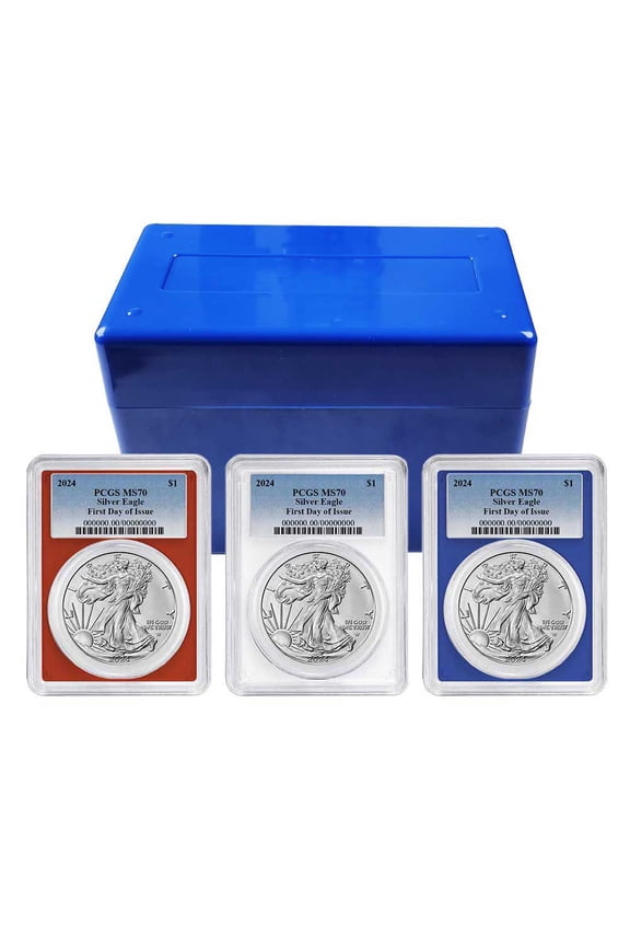 2024 $1 American Silver Eagle 3pc Set PCGS MS70 FDOI Blue Label Red White Blue