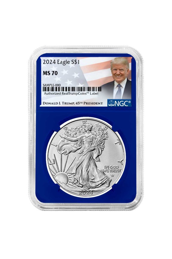 2024 $1 American Silver Eagle NGC MS70 Trump Label Blue Core