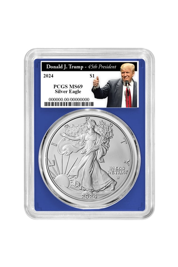 2024 $1 American Silver Eagle PCGS MS69 Trump 45th President Label Blue Frame