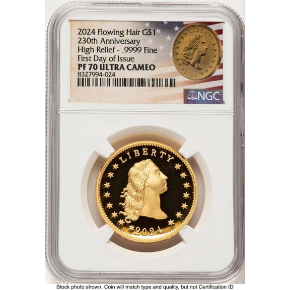 2024 $1 Gold High Relief Coin NGC MS70 Flowing Hair Dollar - One-Ounce Gold - 230th Anniversary - HAT783001001