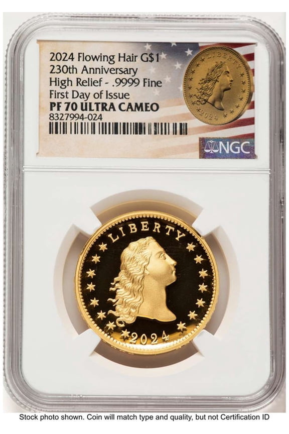 2024 $1 Gold High Relief Coin NGC MS70 Flowing Hair Dollar - One-Ounce Gold - 230th Anniversary - HAT783001001