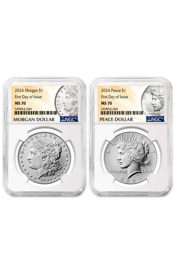 2024 $1 Morgan and Peace Silver Dollar 2pc Set NGC MS70 FDI Morgan & Peace Label