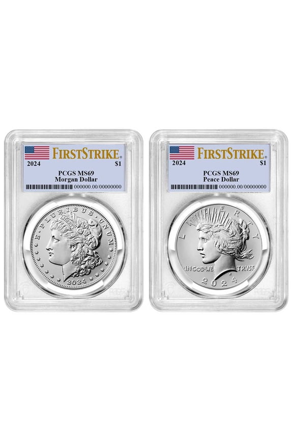 2024 $1 Morgan and Peace Silver Dollar 2pc Set PCGS MS69 FS Flag Label