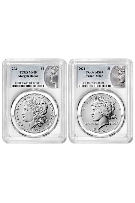 2024 $1 Morgan and Peace Silver Dollar 2pc Set PCGS MS69 Morgan & Peace Label