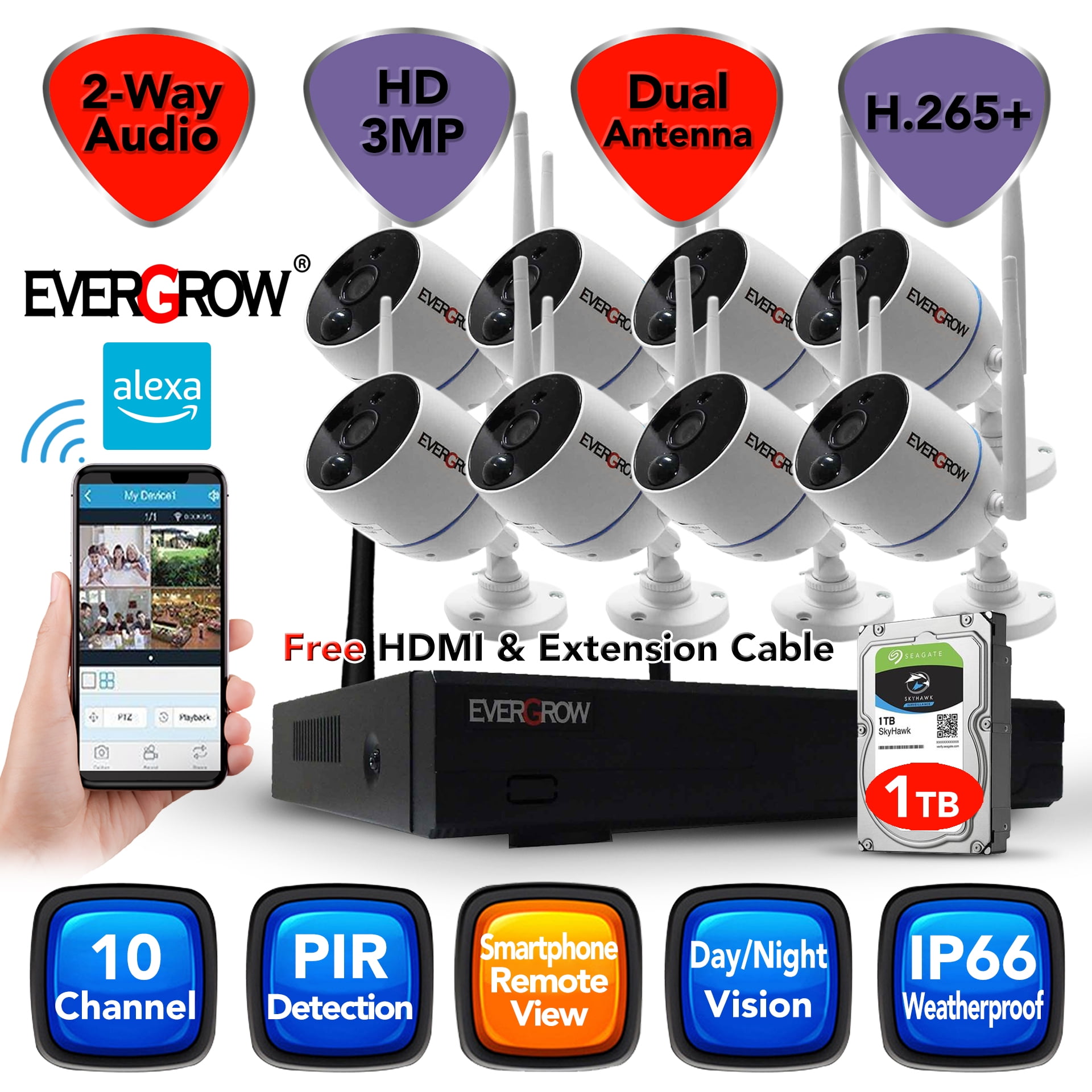 2024 10 Channels Long Range Full 1296p Wifi wireless technology Security System 1080p NVR 1TB HDD with 8 3MP Outdoor Indoor Bullet IP Cameras Night